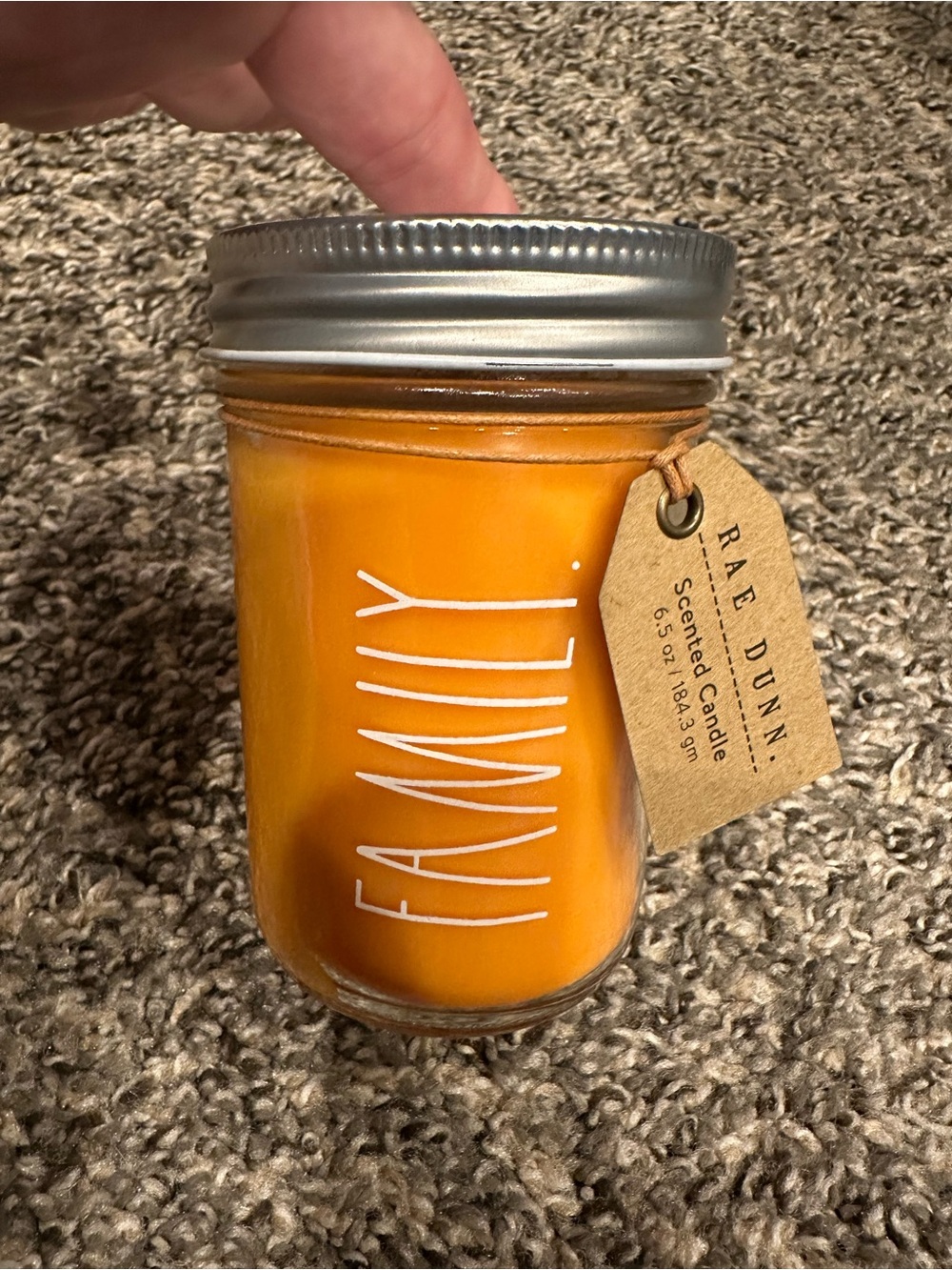 Rae Dunn Orange 'FAMILY' Mason Jar Candle with Silver Lid 6.5 oz harvest spice